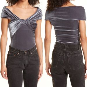 ALIX NYC Women M Grove Twisted Bodysuit Gray Metallic Velvet Off Shoulder NEW